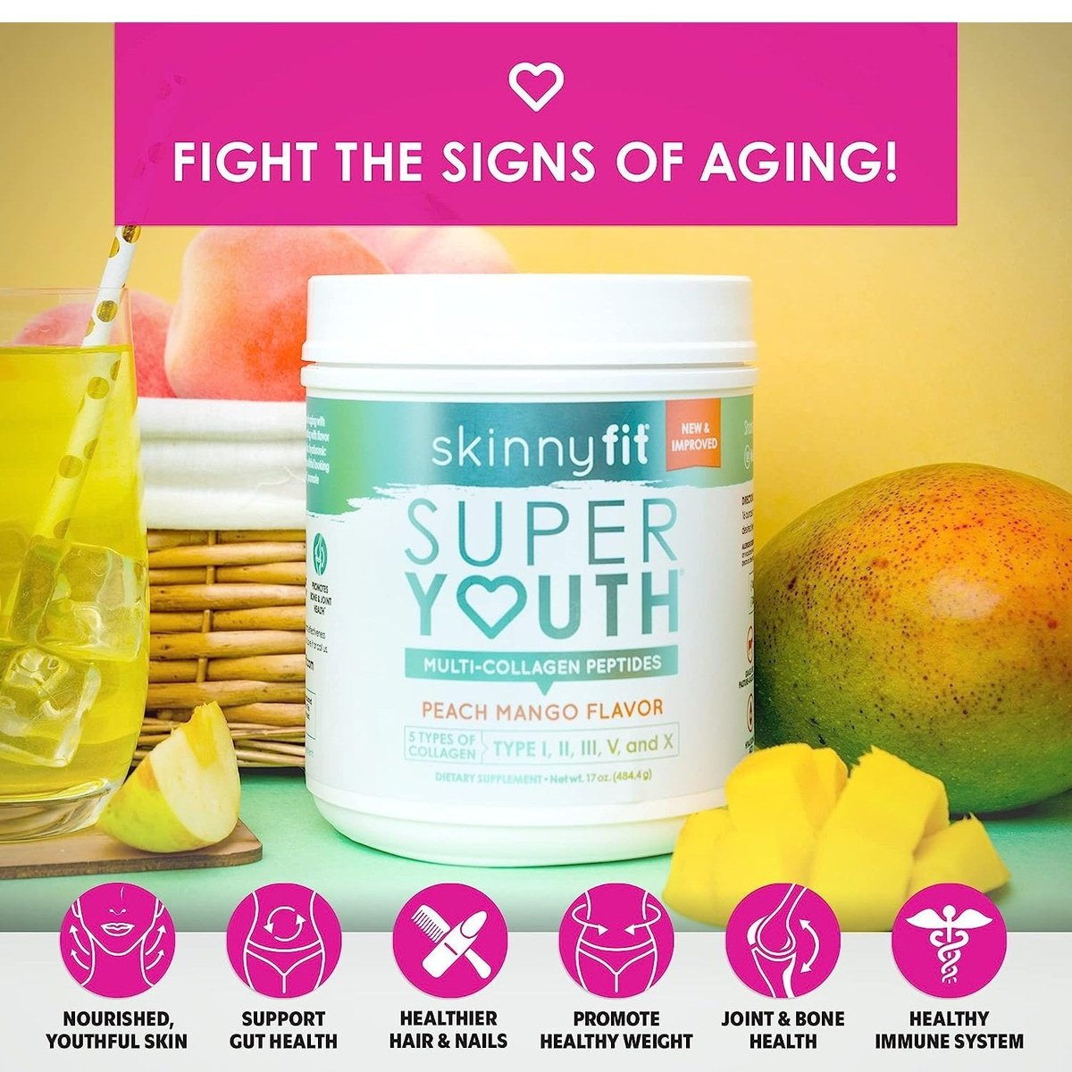 SkinnyFit Super Youth Multi-Collagen Peptides Peach Mango Flavor NEW Skinny Fit