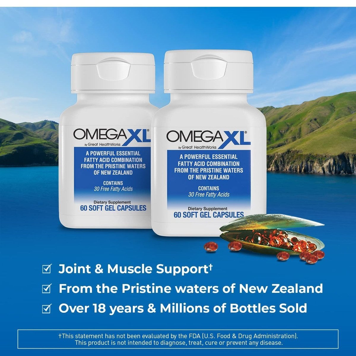 OmegaXL Joint Support Supplement - Natural Muscle Support, Green Lipped Mussel Oil, 120 Count ( 2 x 60 counts)